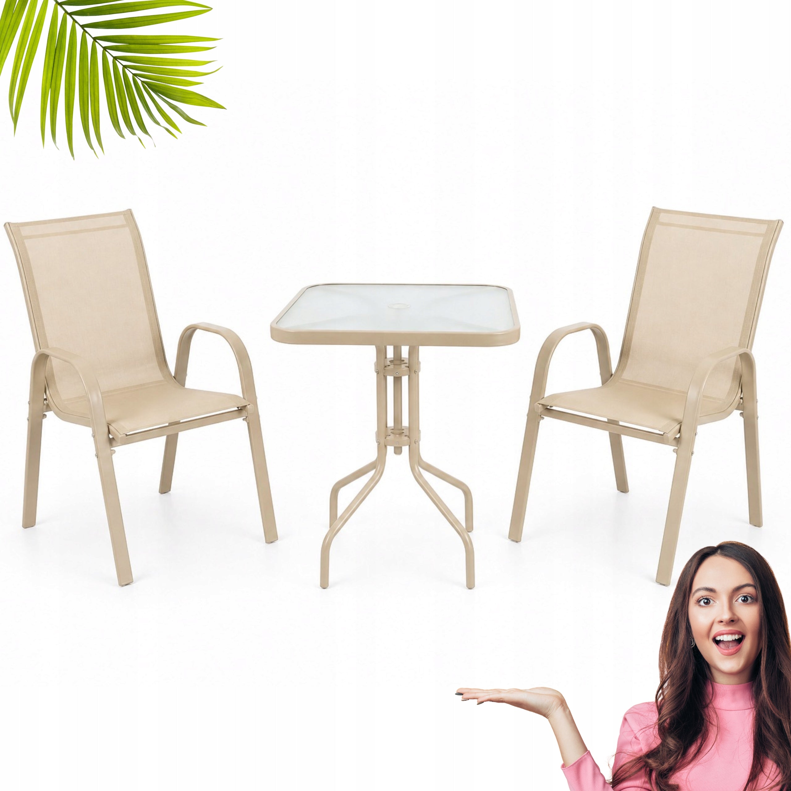 SET OF FURNITURE FOR SMALL BALCONY TERRACE CHAIRS SQUARE TABLE BEIGE AY008