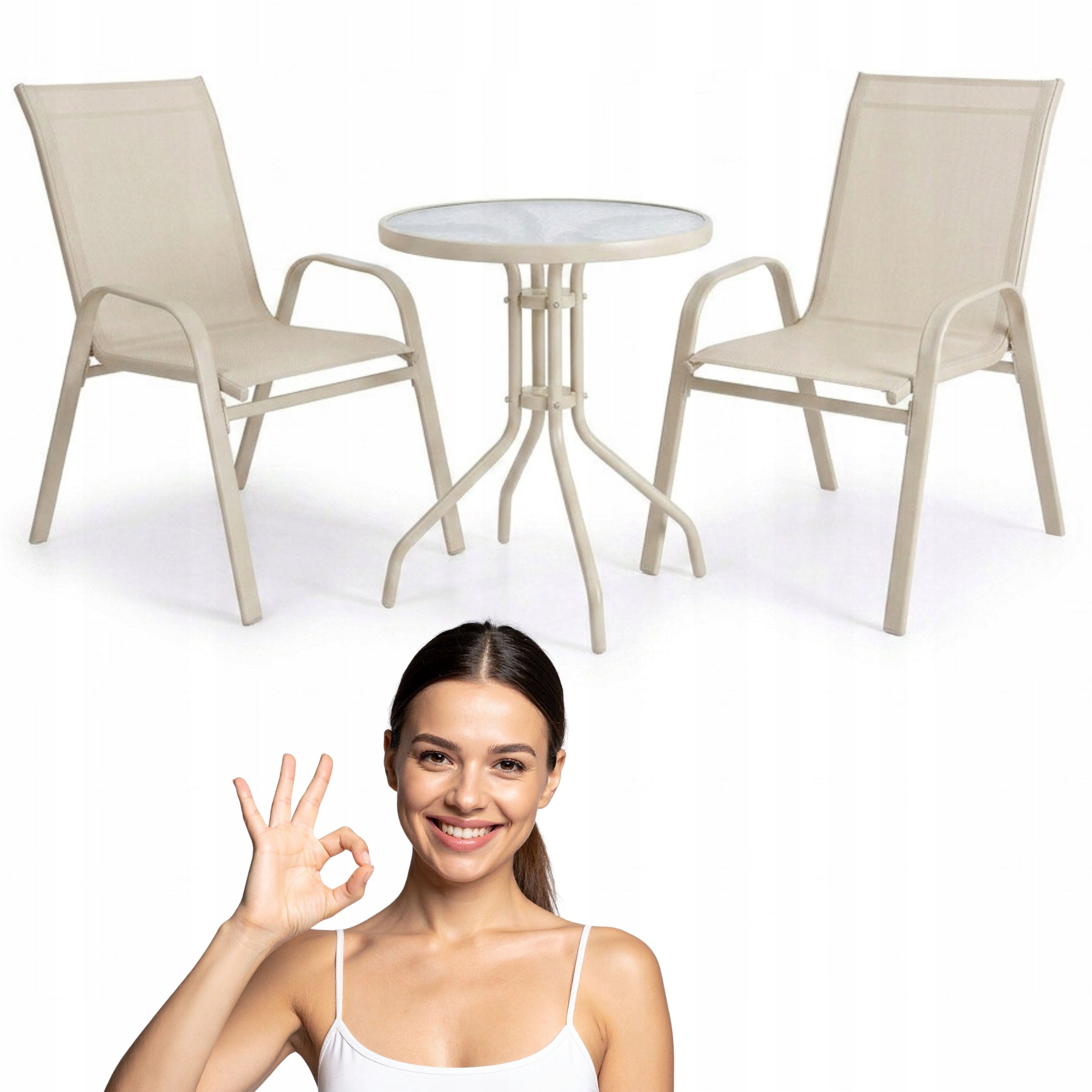 SET OF FURNITURE FOR SMALL BALCONY TERRACE CHAIRS TABLE ROUND BEIGE YS146