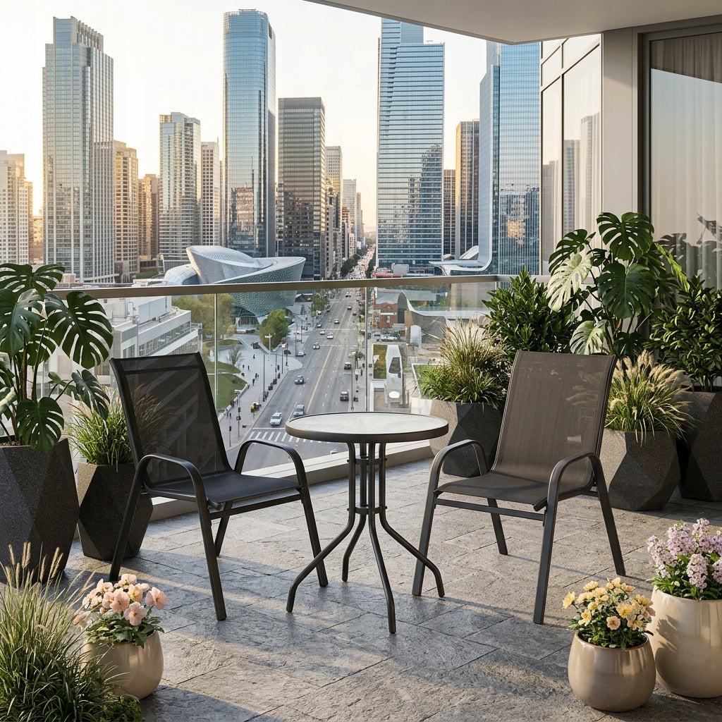 SET OF FURNITURE FOR SMALL BALCONY TERRACE CHAIRS TABLE ROUND BLACK YS146 Main material steel