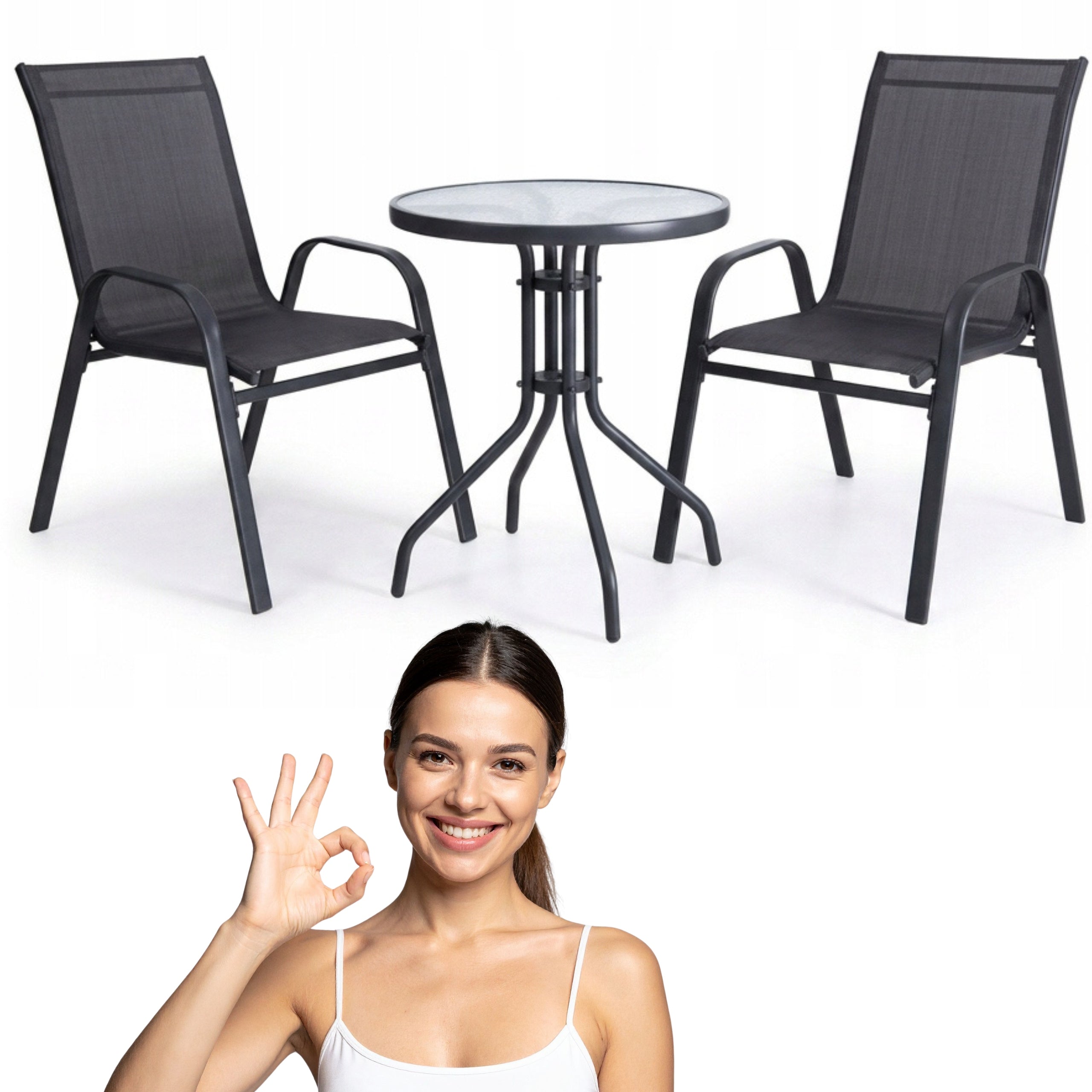 SET OF FURNITURE FOR SMALL BALCONY TERRACE CHAIRS TABLE ROUND BLACK YS146