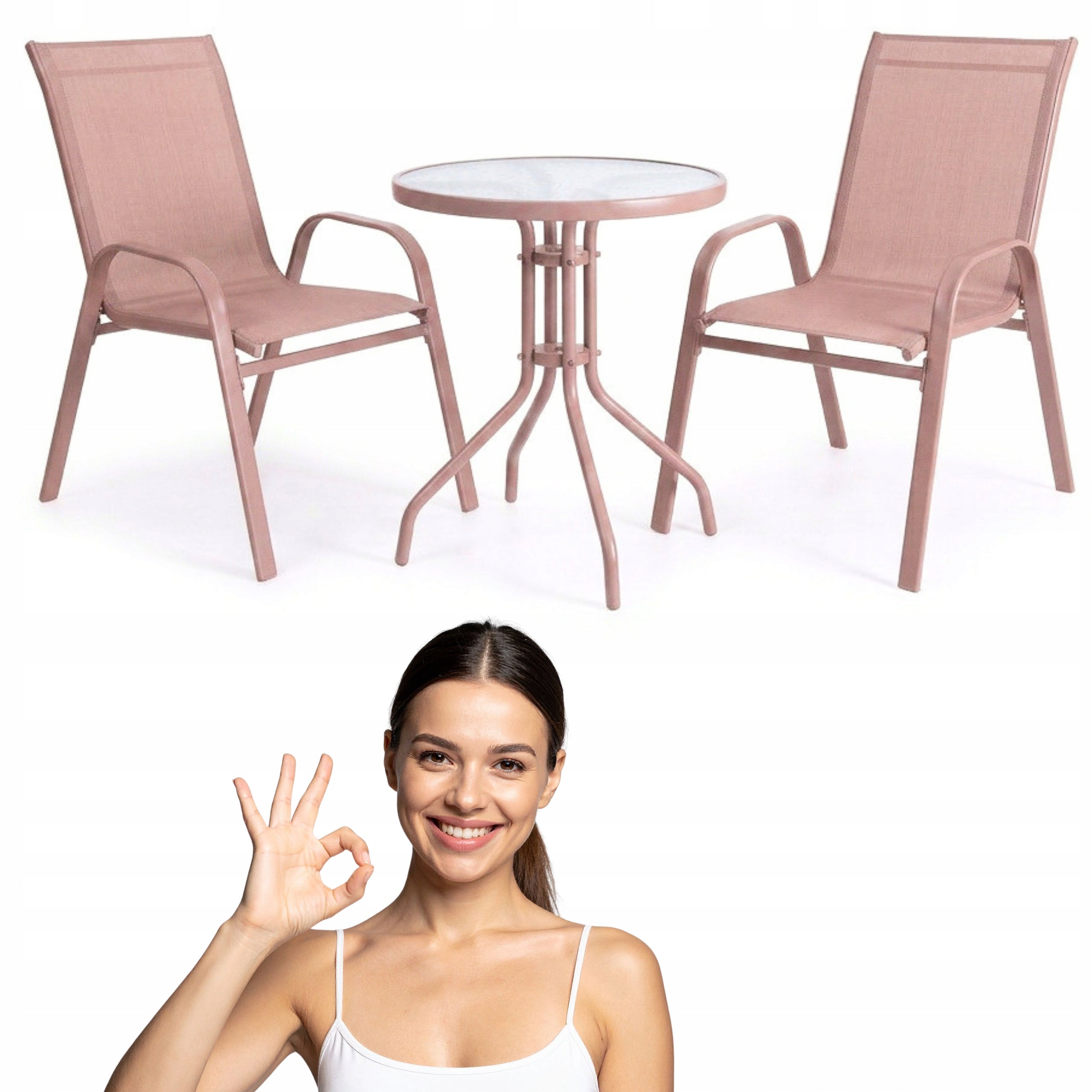 SET OF FURNITURE FOR SMALL BALCONY TERRACE CHAIRS TABLE ROUND PINK YS146
