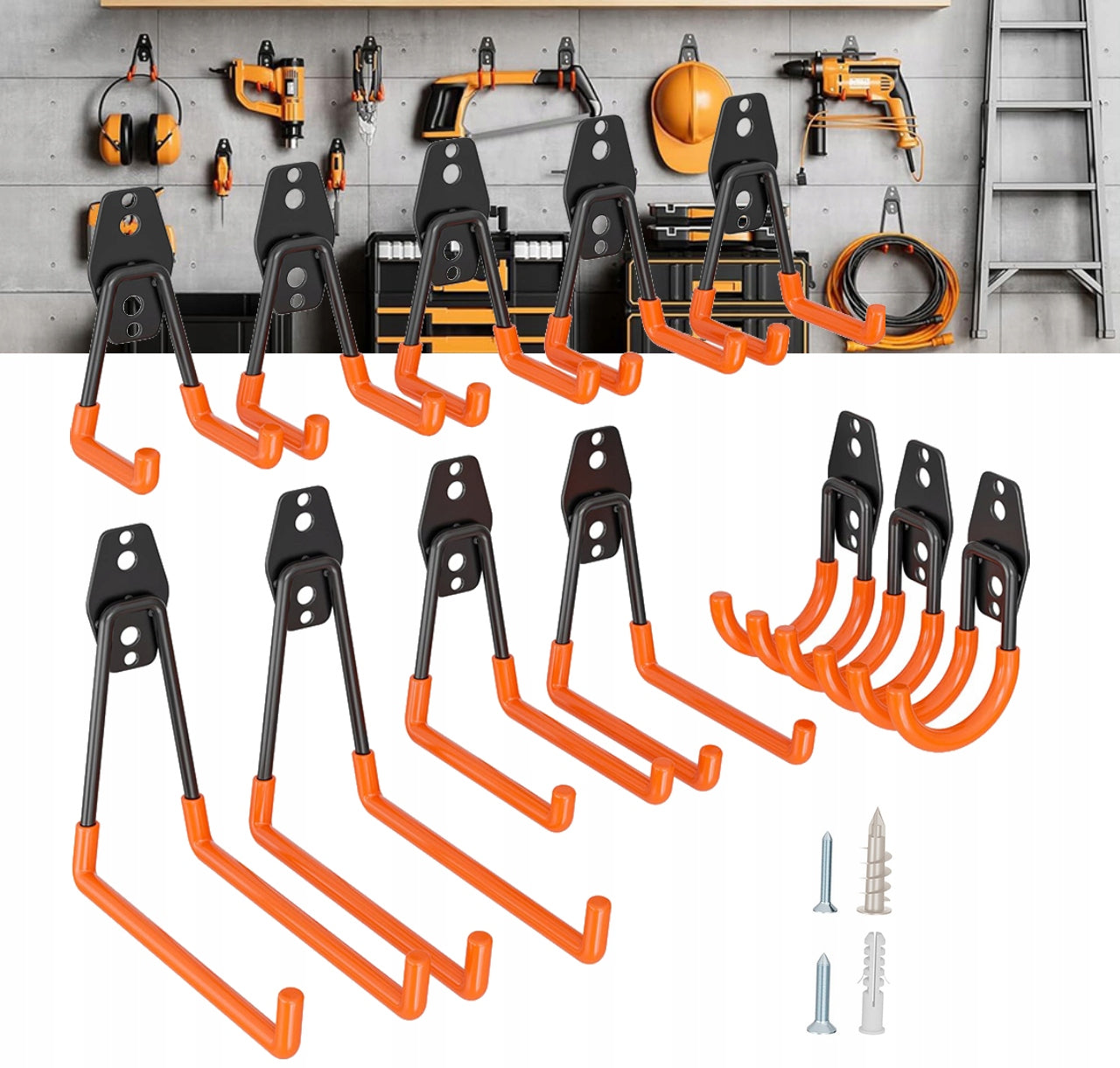SET OF GARAGE HANDLES 12 PCS DOUBLE STEEL WALL HOOKS FOR GARAGE