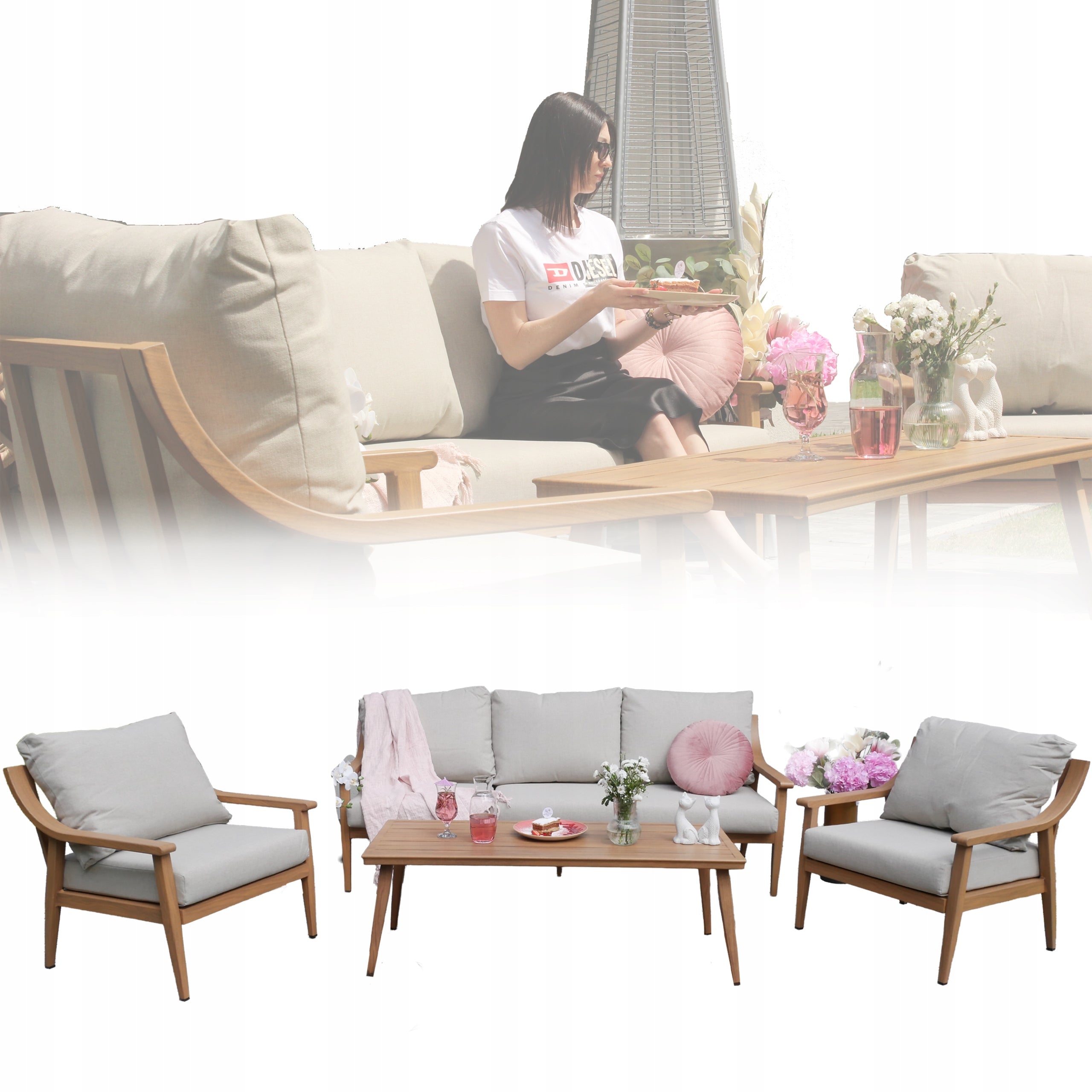 SET OF GARDEN FURNITURE ALUMINUM NICOSE SOFA ARMCHAIRS TABLE CUSHIONS BEIGE
