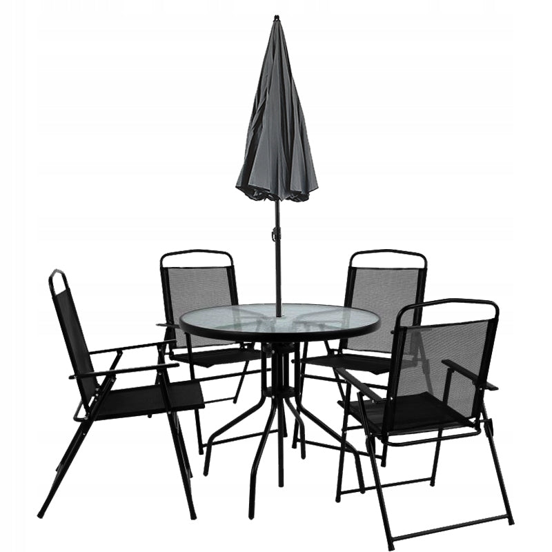 SET OF GARDEN FURNITURE BALCONY GARDEN TERRACE TABLE UMBRELLA CHILE 4OS BLACK Color black