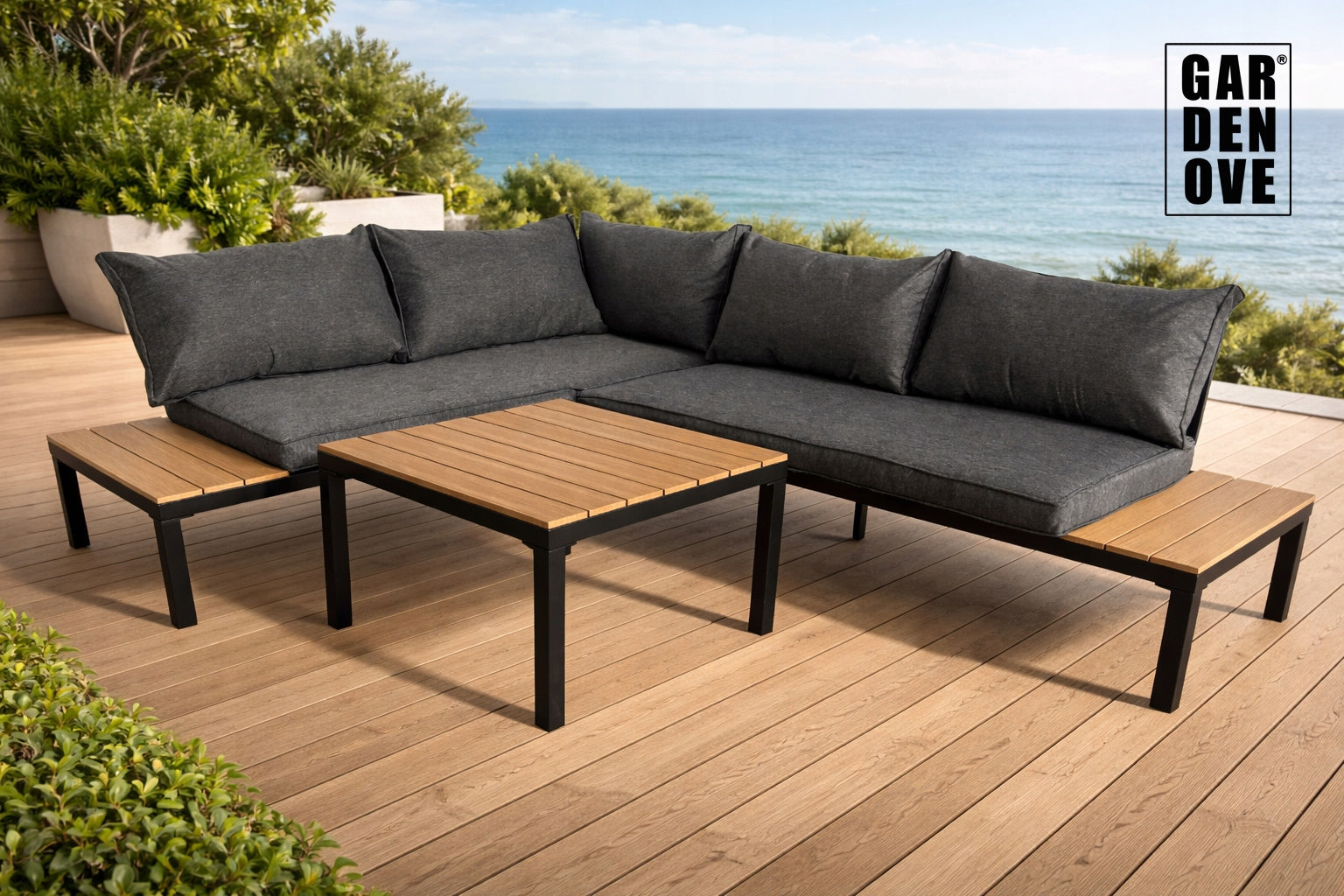 SET OF GARDEN FURNITURE CORNER 4 PEOPLE, SOFA TABLE, BOARDS - GARDENOVE Color gray