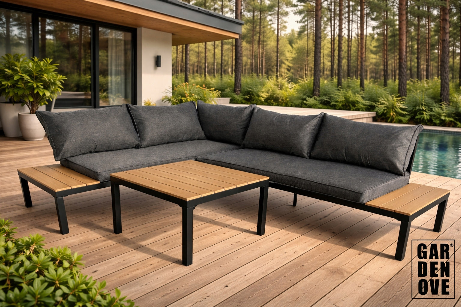 SET OF GARDEN FURNITURE CORNER 4 PEOPLE, SOFA TABLE, BOARDS - GARDENOVE Manufacturer GARDENOVE