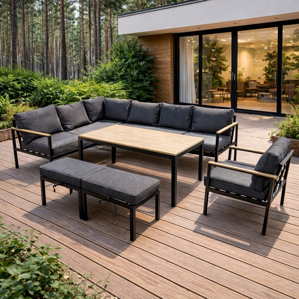SET OF GARDEN FURNITURE CORNER 9 PEOPLE, SOFA HIGH TABLE - GARDENOVE Main material synthetic material