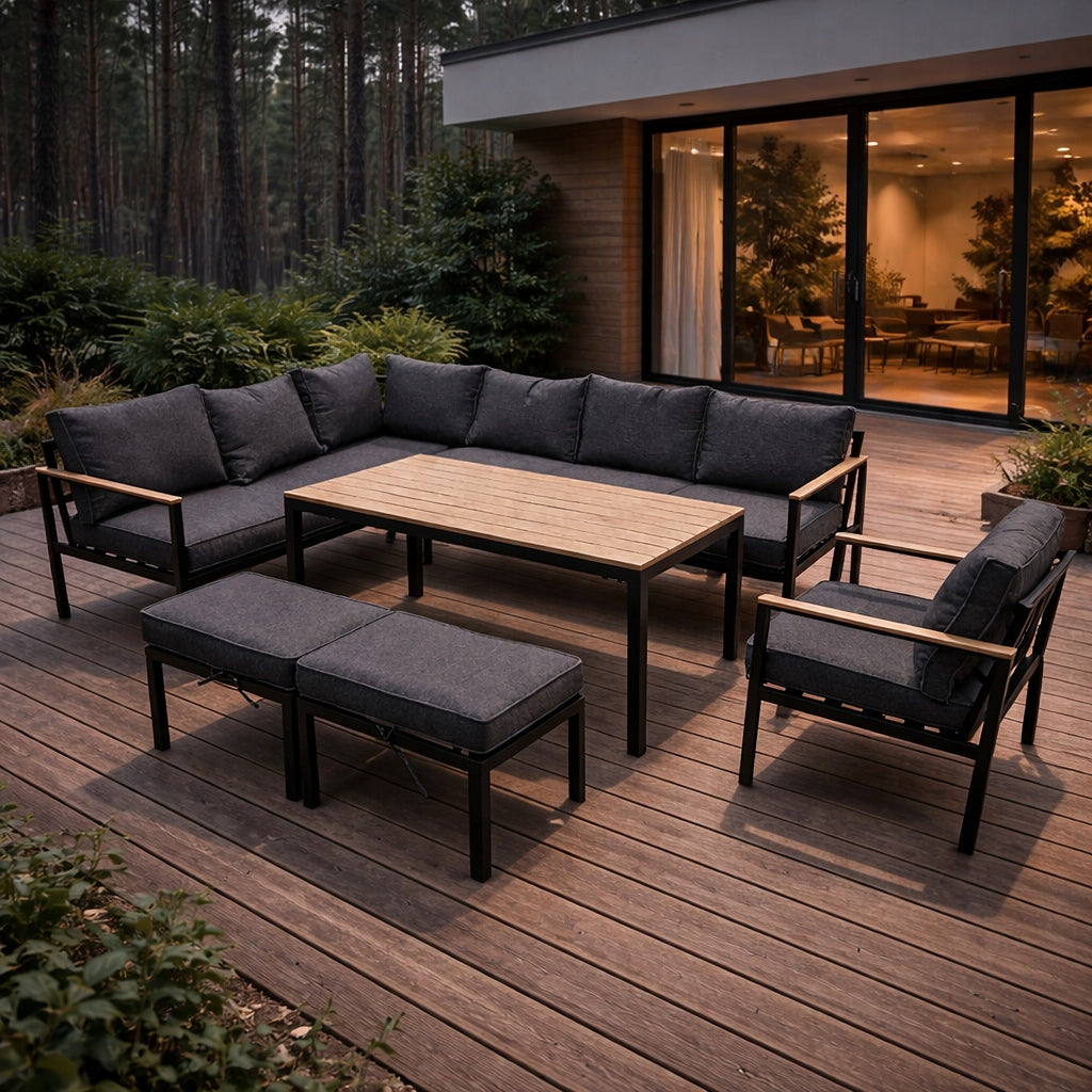 SET OF GARDEN FURNITURE CORNER 9 PEOPLE, SOFA HIGH TABLE - GARDENOVE Set contents armchair corner sofa pouf table