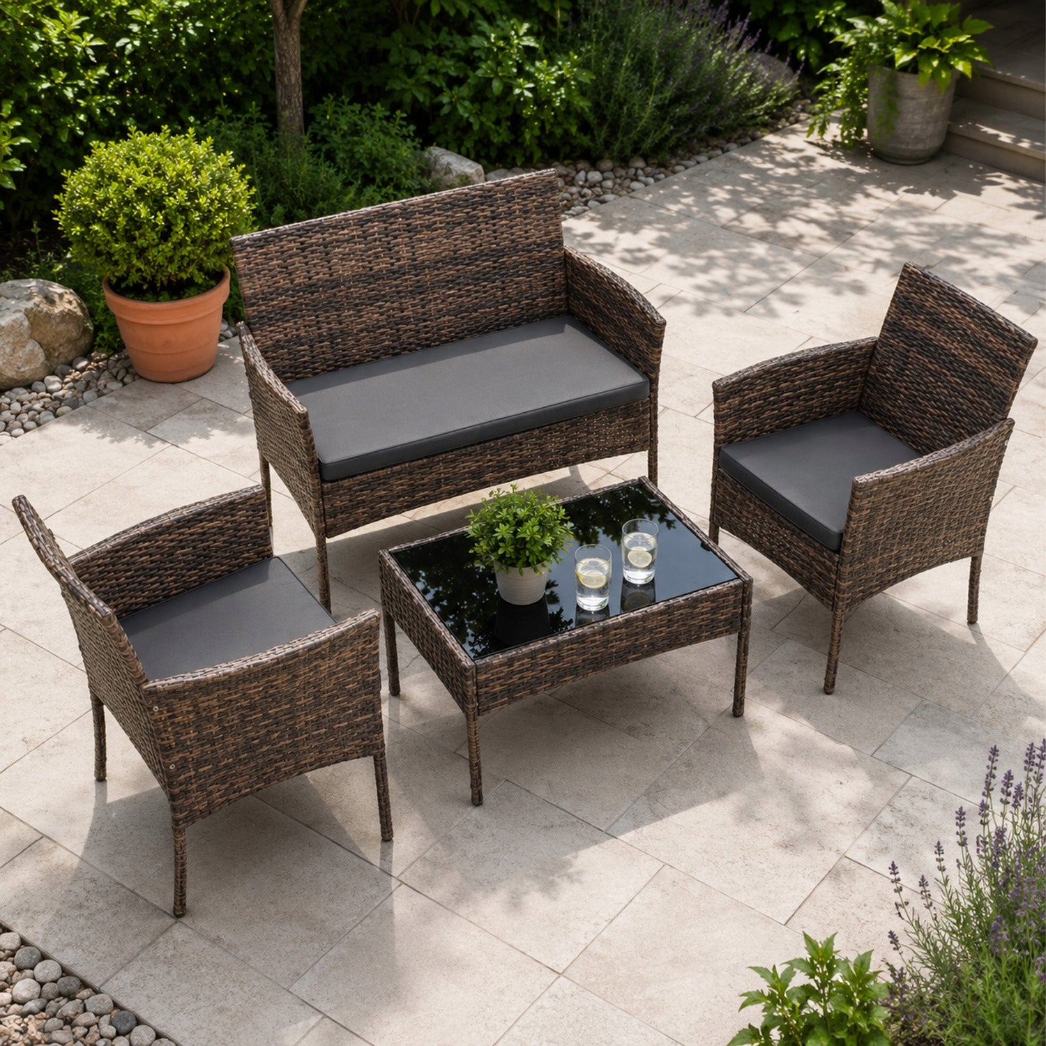 SET OF GARDEN FURNITURE FOR TERRACE SOFA ARMCHAIRS COFFEE TABLE TECHORATTAN Color brown