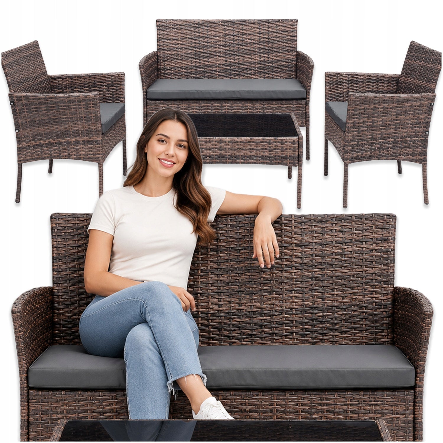 SET OF GARDEN FURNITURE FOR TERRACE SOFA ARMCHAIRS COFFEE TABLE TECHORATTAN