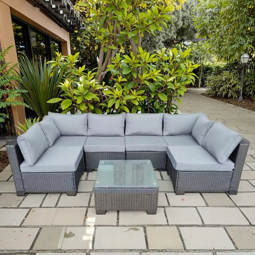 SET OF GARDEN FURNITURE RATTAN HORSESHOE SOFA CORNER 6 PEOPLE Color black