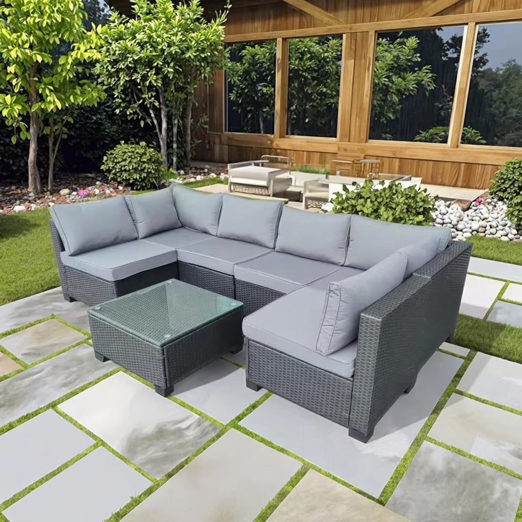 SET OF GARDEN FURNITURE RATTAN HORSESHOE SOFA CORNER 6 PEOPLE Number of items in the set 7