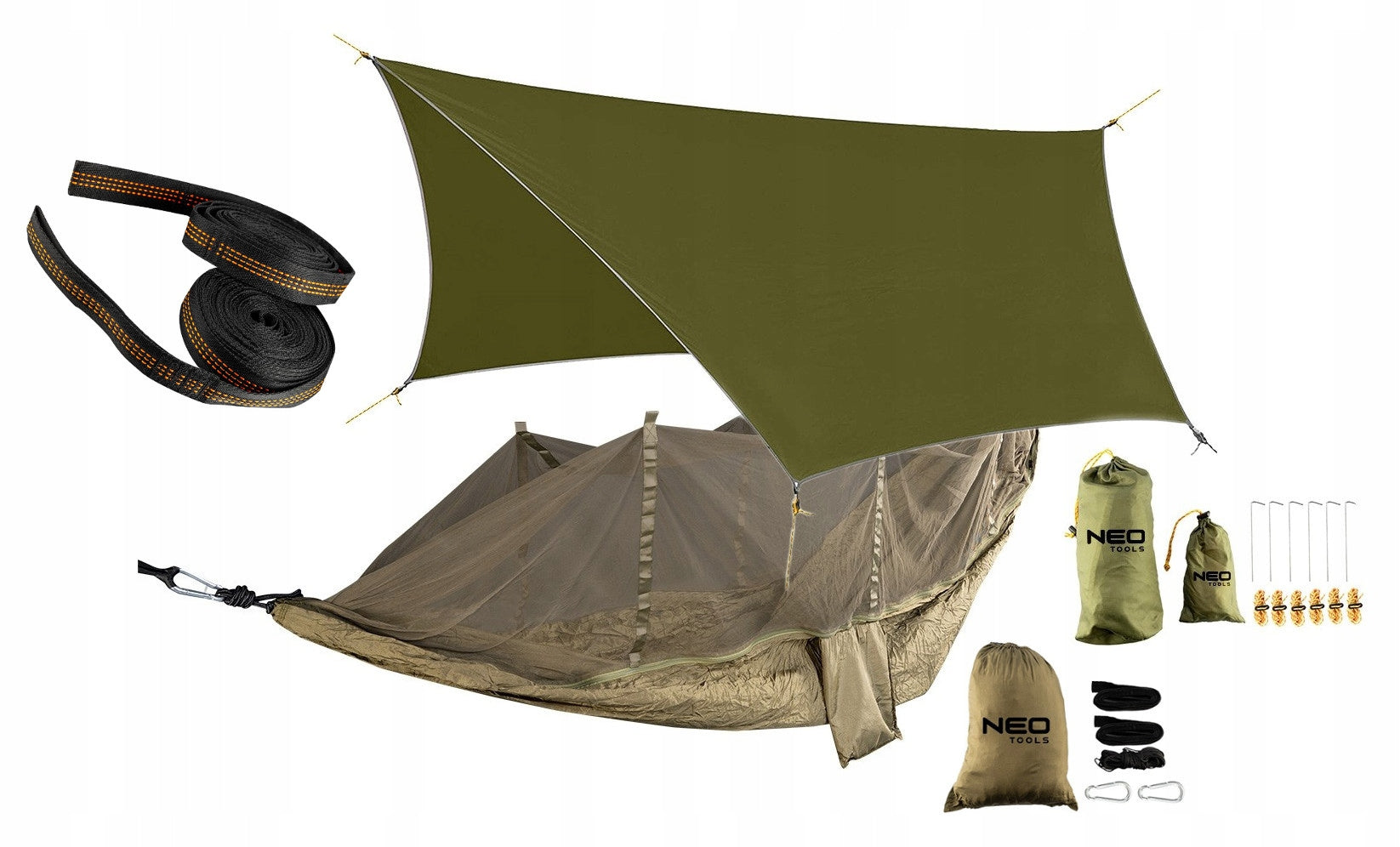 SET OF GARDEN HAMMOCK WITH MOSQUITO NET 330 X 140 CM TARP SURVIVAL TAPES Color green