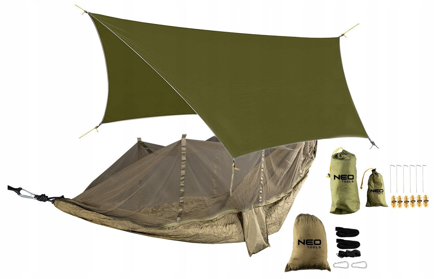 SET OF GARDEN HAMMOCK WITH MOSQUITO NET 330 X 140 CM TARP SURVIVAL TAPES Manufacturer Neo Tools