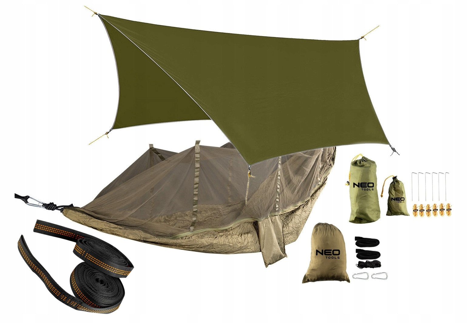 SET OF GARDEN HAMMOCK WITH MOSQUITO NET 330 X 140 CM TARP SURVIVAL TAPES