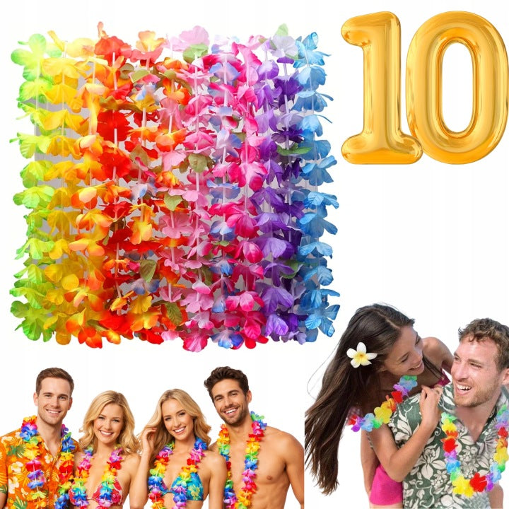 SET OF HAWAIIAN NECKLACES 10 PCS FLOWERS HAWAIIAN PARTY OUTFIT