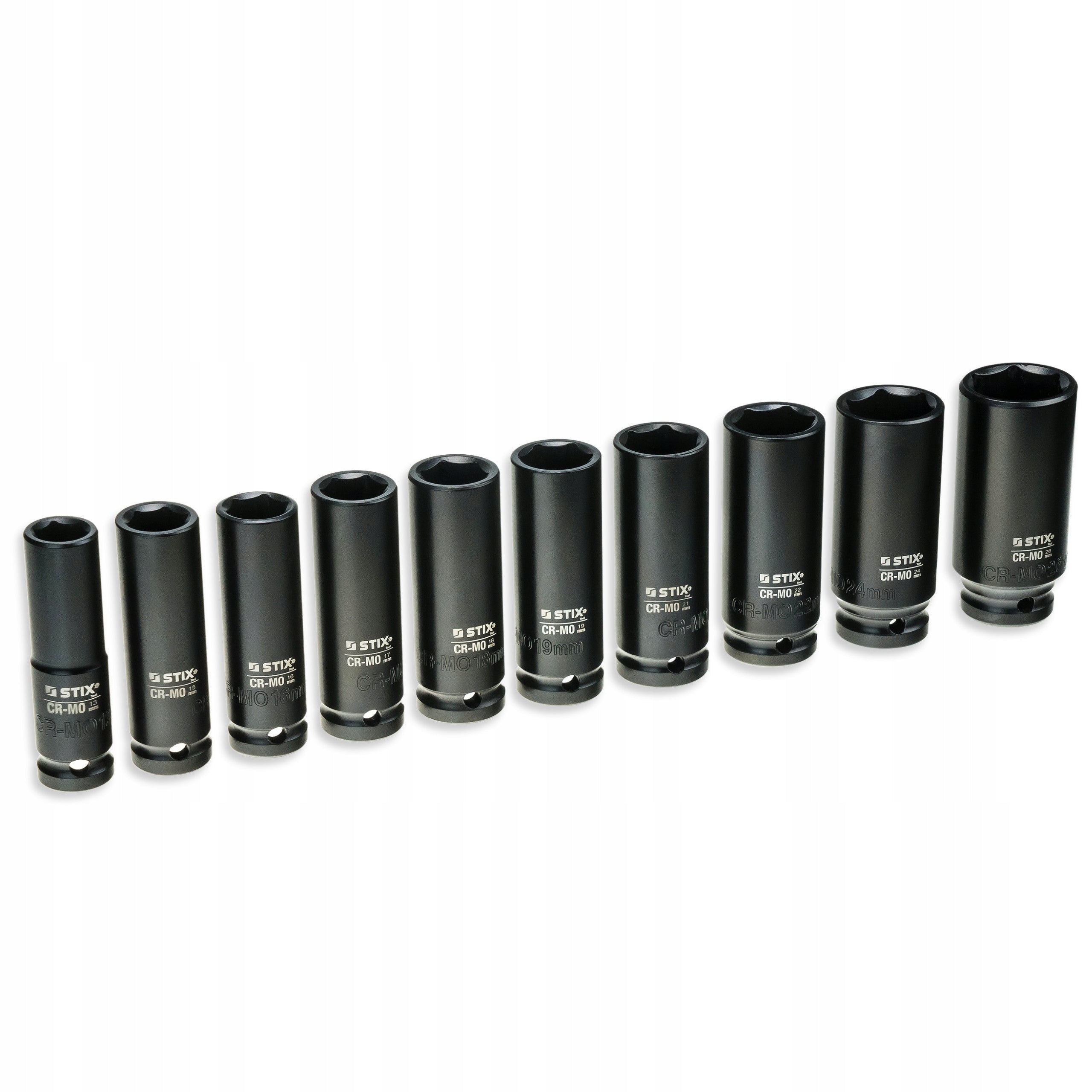 SET OF IMPACT SOCKETS LONG 1/2 13 15 16 17 18 19 21 22 24 26 MM STIX Manufacturer code 11-03-73432