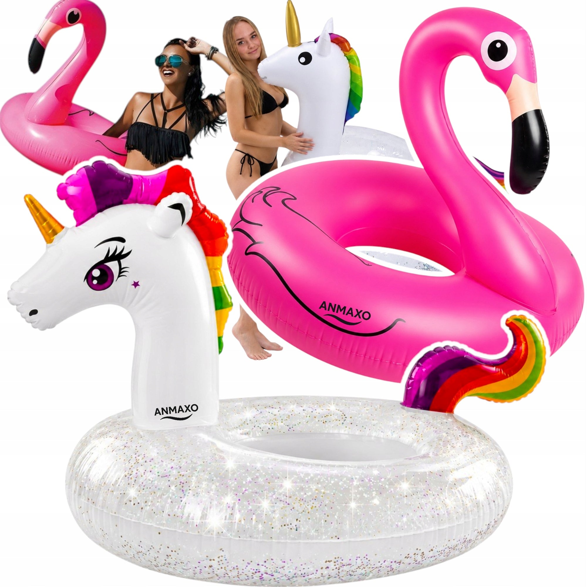 SET OF INFLATABLE CIRCLE FOR SWIMMING UNICORN + FLAMINGO LARGE XXL CIRCLE STRONG