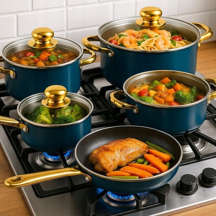 SET OF KITCHEN POTS 12 ELEMENTS FRYING PAN + LIDS STEEL POTS Brand RETOO