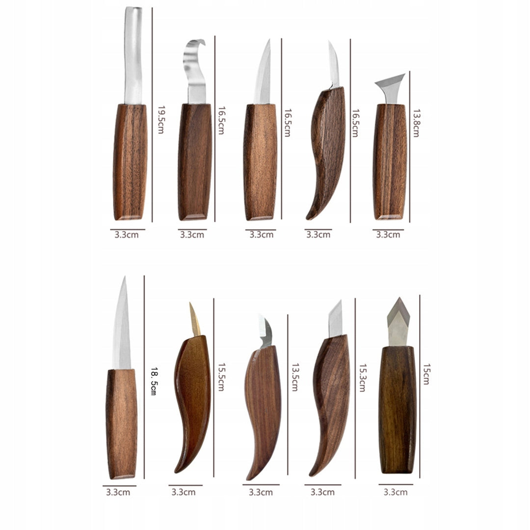 SET OF KNIVES AND CHISELS FOR CARVING IN WOOD 9EL TOOLS + GLOVES CASE Packaging status original