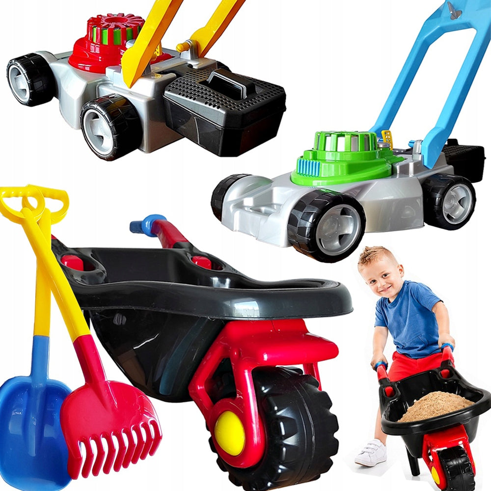 SET OF LARGE WHEELBARROW + LARGE MOWER + RAKE + SHOVEL CZSZK