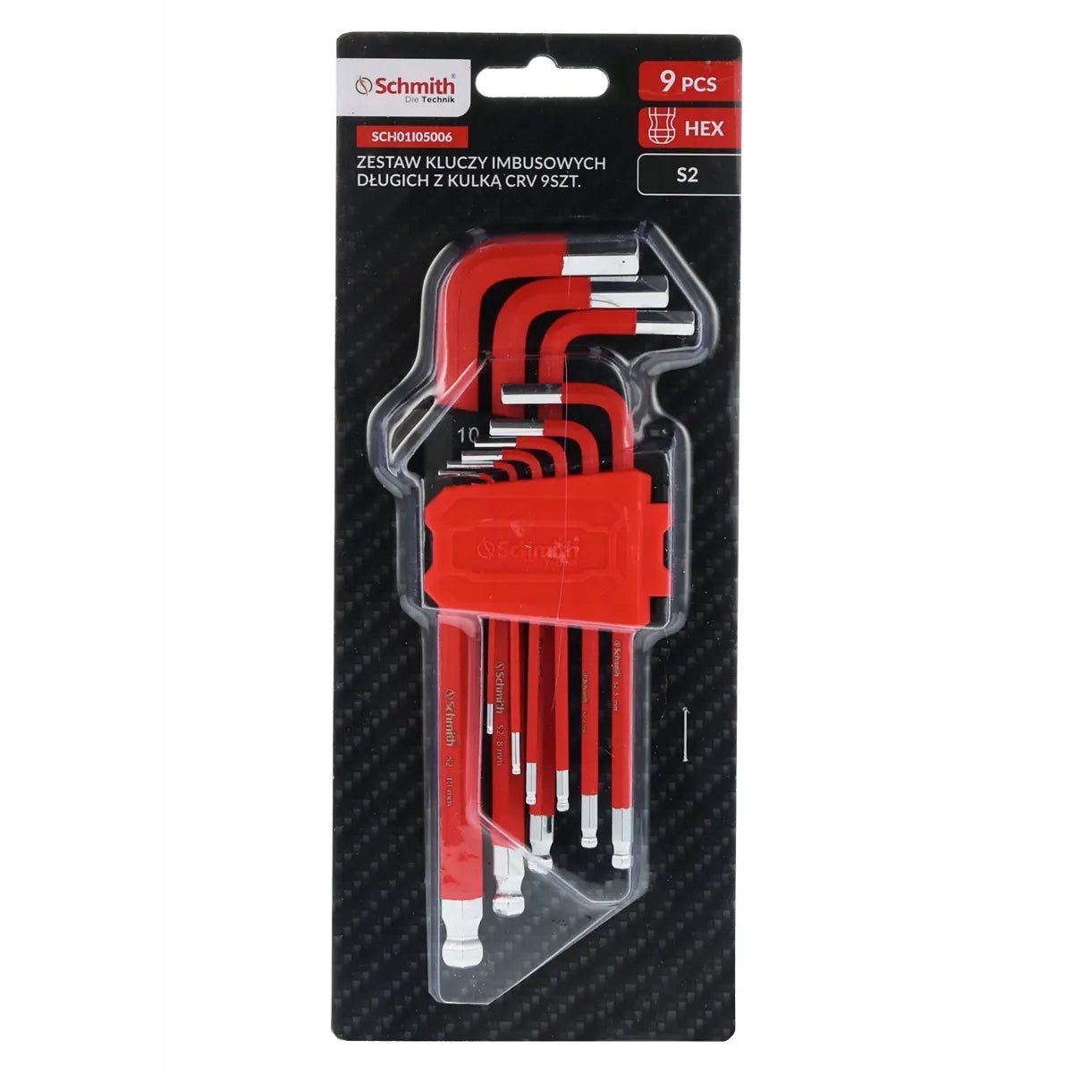 SET OF LONG ALLEN WRENCHES WITH BALL S2 RED 9PCS. Brand Schmith