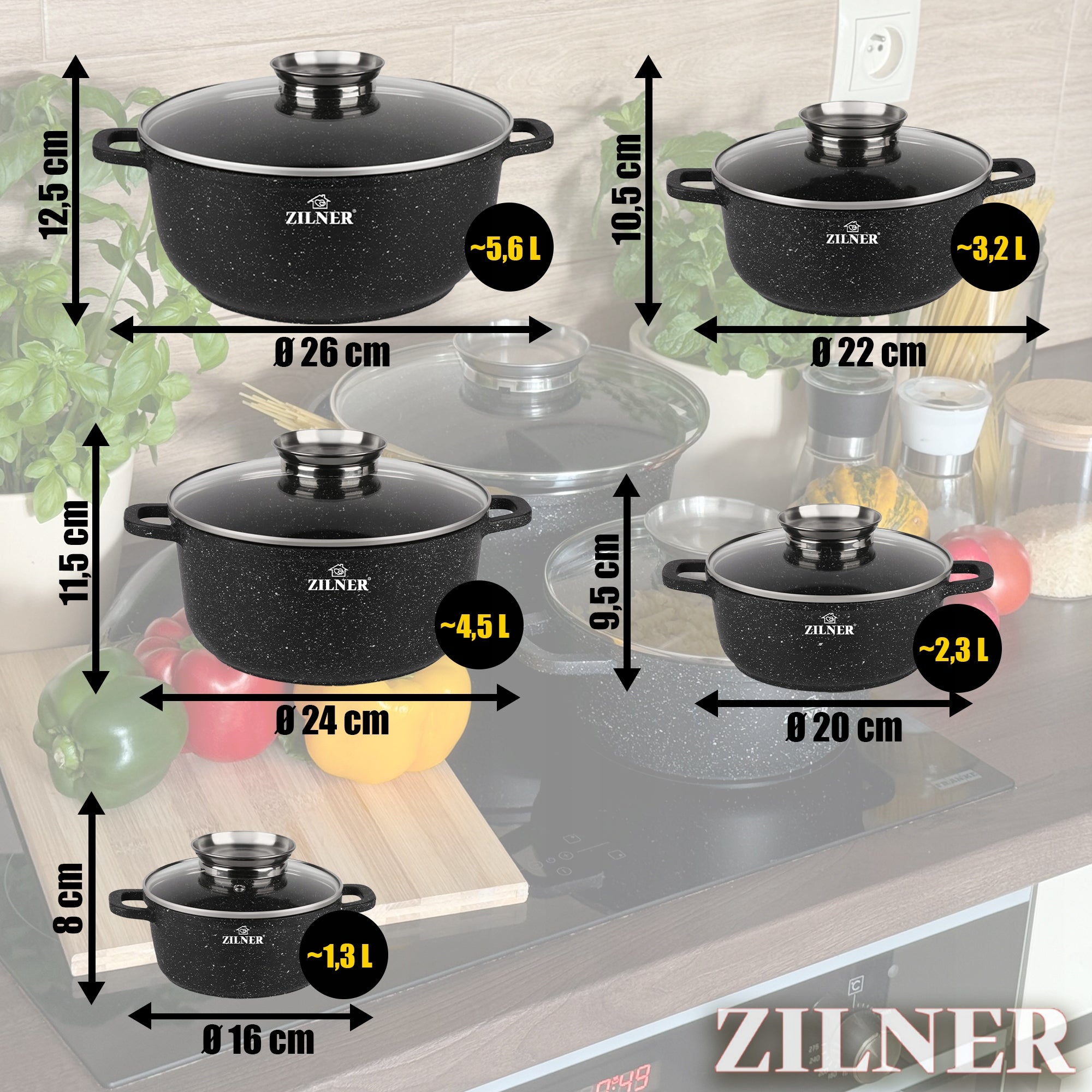 SET OF MARBLED POTS FOR INDUCTION GAS SET OF POTS 10 ELE ZILNER Brand Zilner