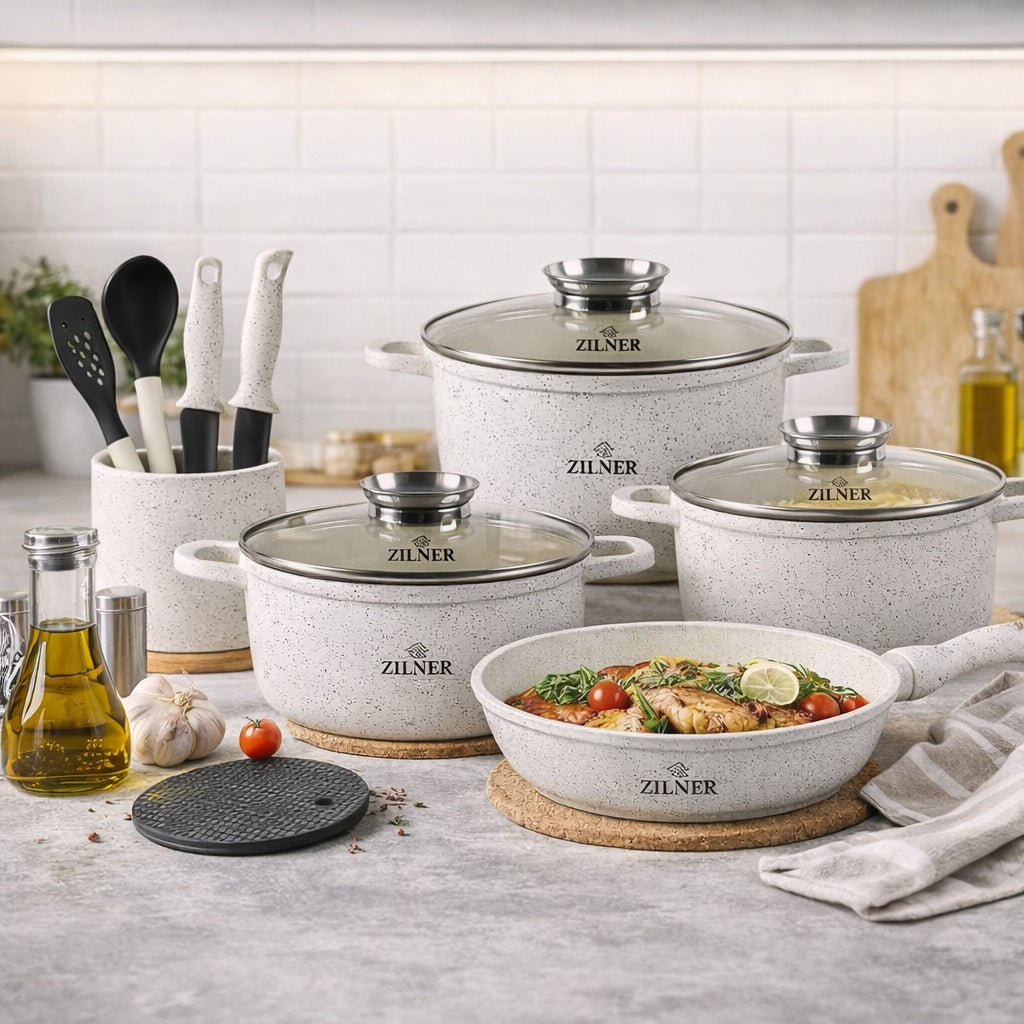 SET OF MARBLED POTS INDUCTION GAS BEIGE POTS FRYING PAN SET Brand Zilner