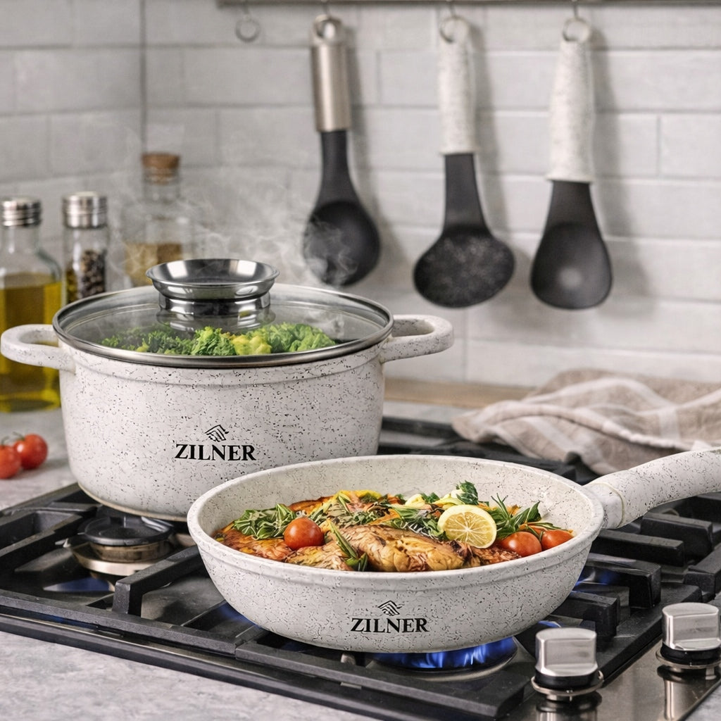 SET OF MARBLED POTS INDUCTION GAS BEIGE POTS FRYING PAN SET Line PREMIUM