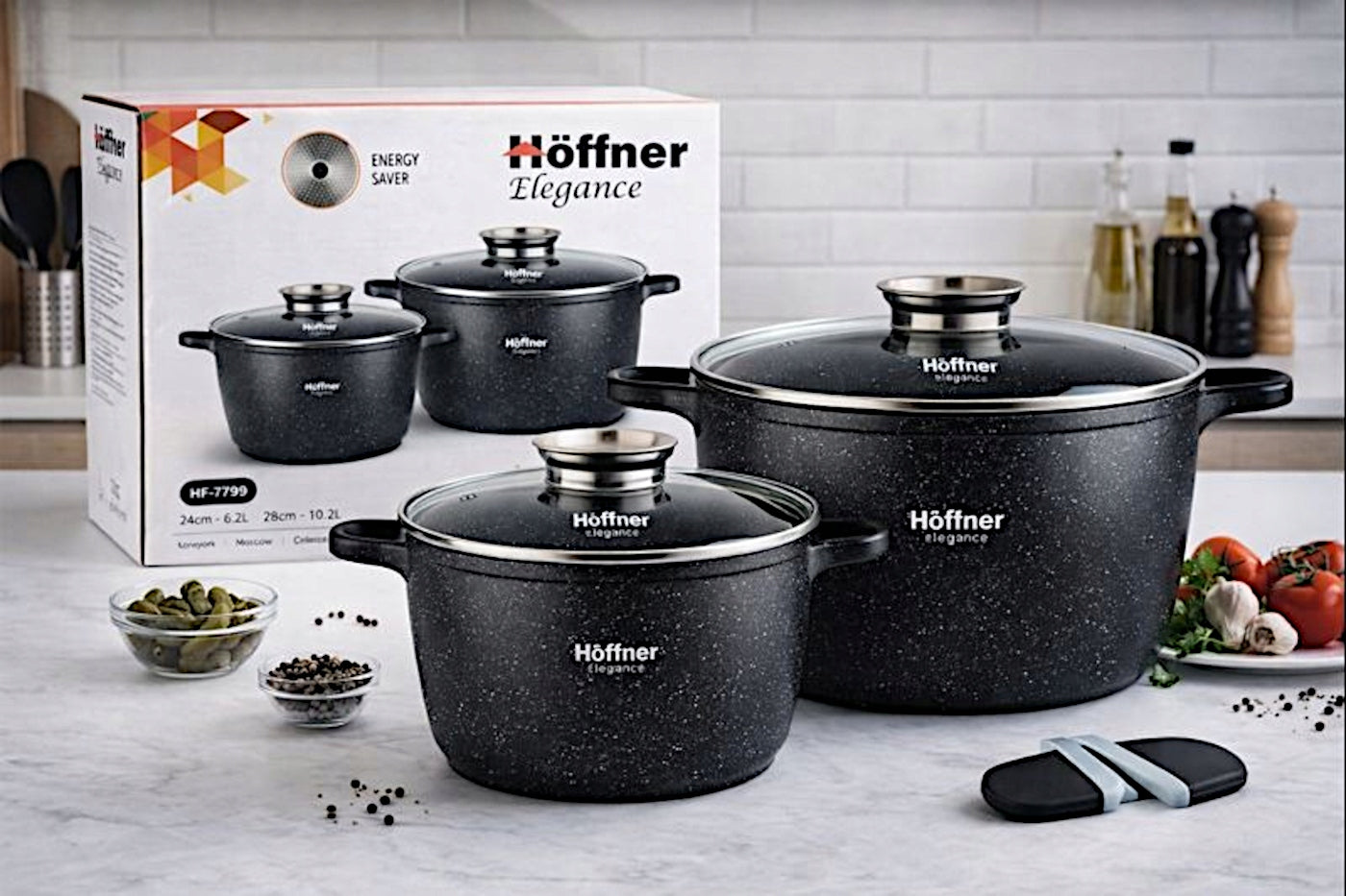 SET OF MARBLED POTS LARGE POT WITH LID 10L INDUCTION POT 6,2L Color black
