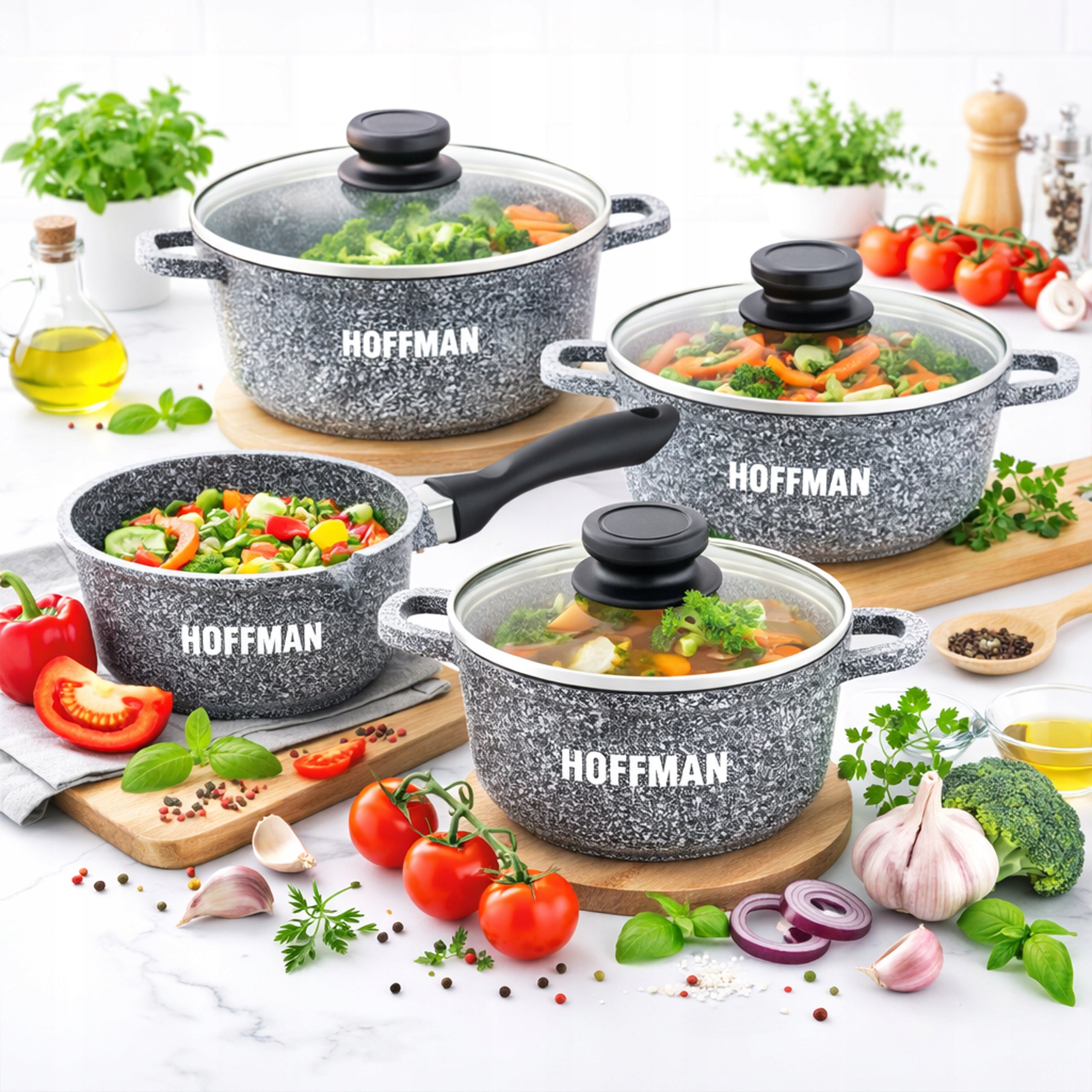 SET OF MARBLED POTS SET OF POTS SAUCEPAN INDUCTION / GAS HOFFMAN Brand Hoffman