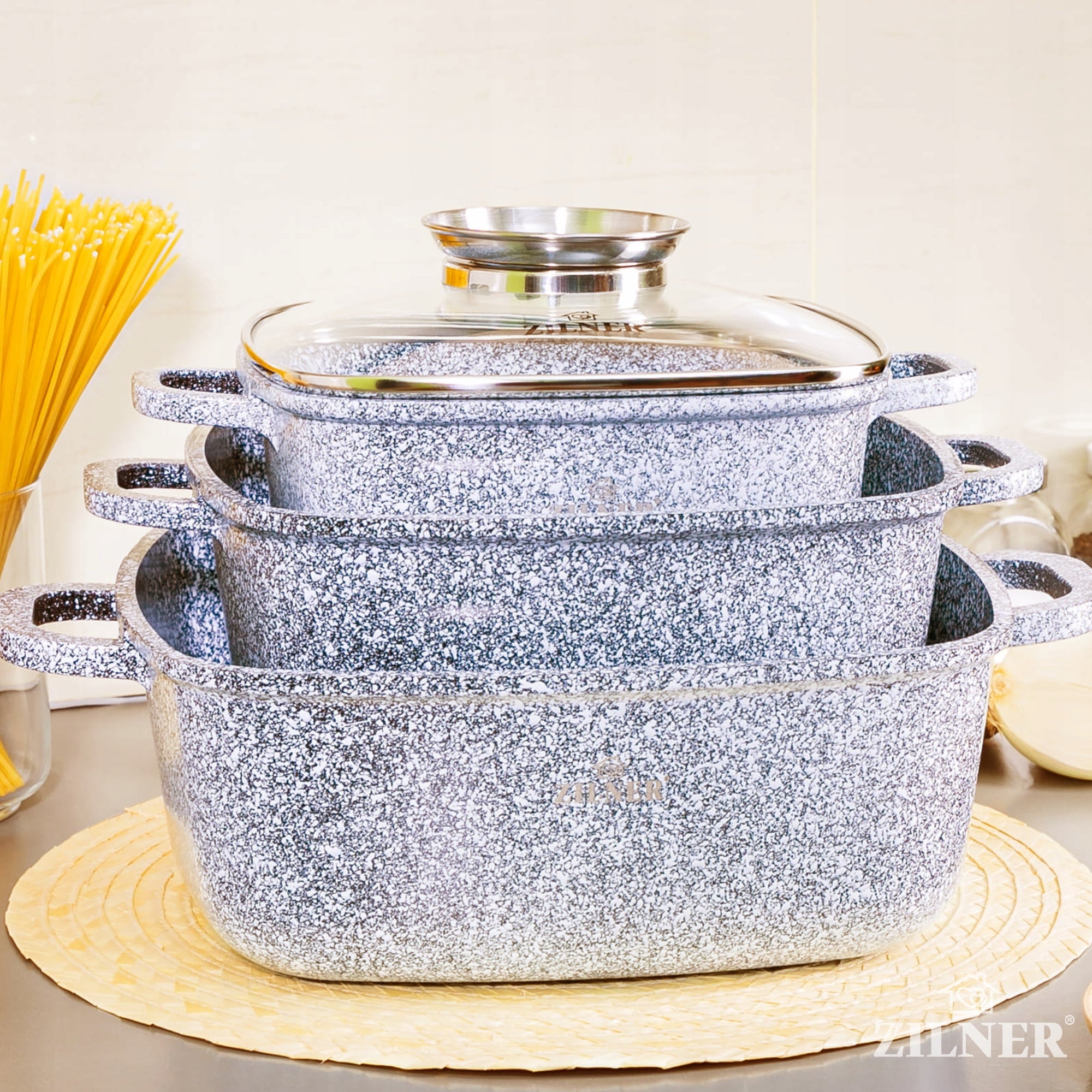 SET OF MARBLED SQUARE POTS FOR INDUCTION GAS SET OF POTS 6 ELE Line Home&Life
