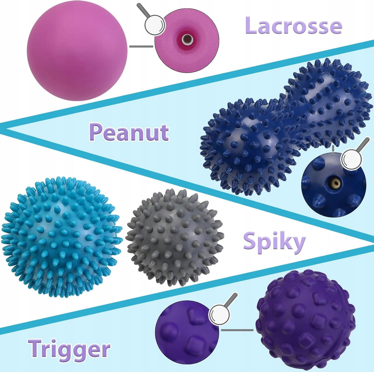 SET OF MASSAGE BALLS 5 PIECES WITH SPIKES LACROSSE PEANUT TRIGGER POINT Brand ALPIDEX