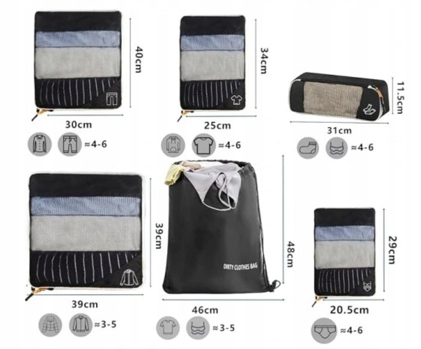 SET OF ORGANIZERS FOR PACKING SUITCASES TRAVEL BAGS for clothes 6 pcs. Color black
