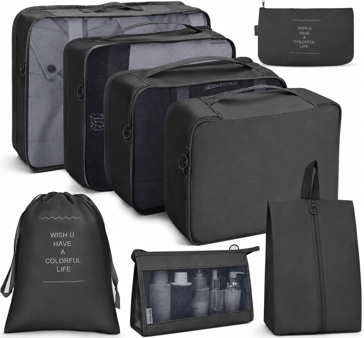SET OF ORGANIZERS TRAVEL ORGANIZER SUITCASES CLOSETS CLOTHES SET 8PCS BLACK