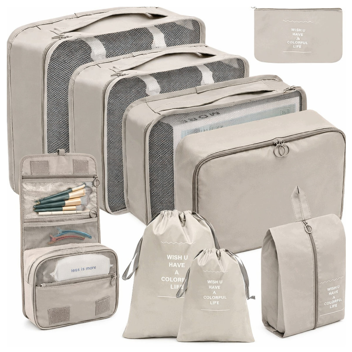 SET OF ORGANIZERS TRAVEL ORGANIZER SUITCASES WARDROBES CLOTHES SET 9pcs BEIGE Manufacturer code ZESTAW ORGANIZERÓW ORGANIZER PODRÓŻNY