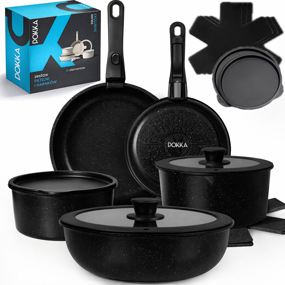 SET OF PANS AND POTS 15 elements 2x DETACHABLE HANDLE GAS INDUCTION BLACK