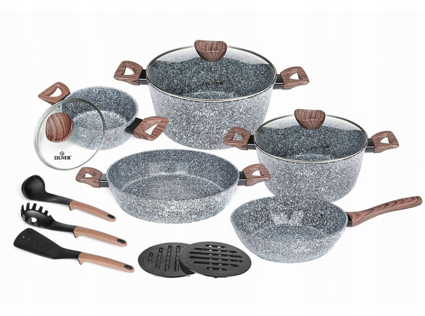 SET OF POTS 15-PIECE WITH MARBLE CERAMIC COATING ZL-8519
