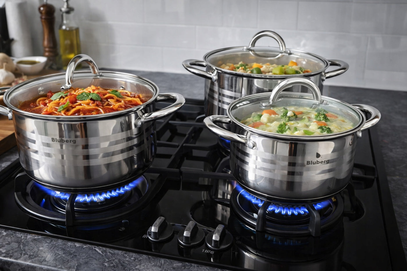 SET OF POTS FOR INDUCTION / GAS STAINLESS STEEL POTS SET OF 12 EL. Line GARNKI ZE STALI NIERDZEWNEJ