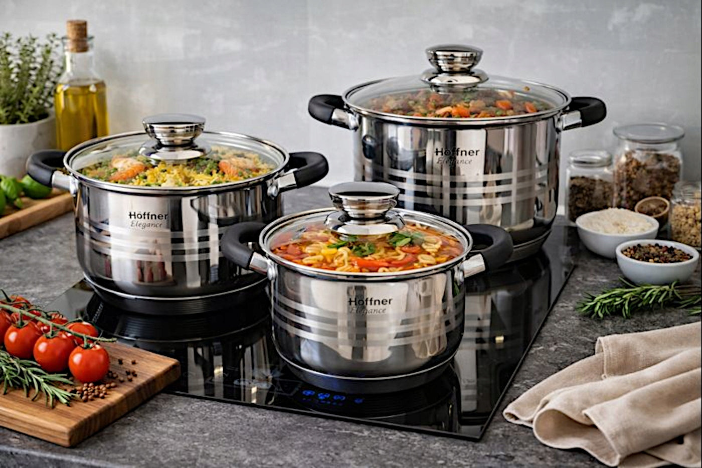 SET OF POTS FOR INDUCTION / GAS STAINLESS STEEL POTS SET OF 8 EL. Brand Hoffner