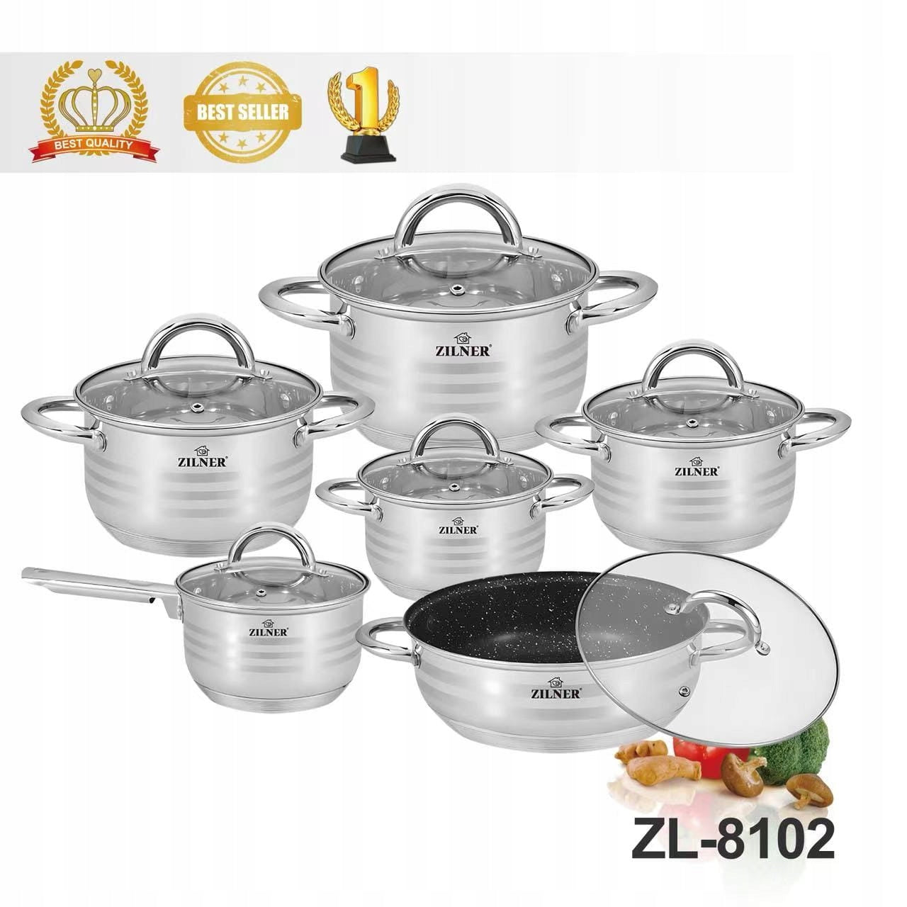 SET OF POTS FOR INDUCTION GAS STAINLESS STEEL SET 12 EL. ZILNER Line Premium