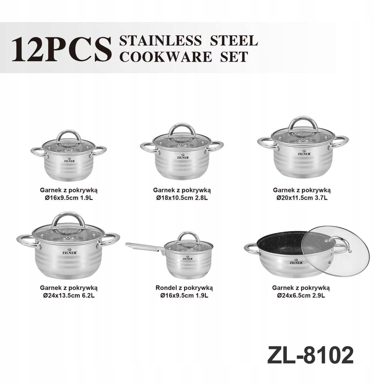 SET OF POTS FOR INDUCTION GAS STAINLESS STEEL SET 12 EL. ZILNER Number of items in the set 12