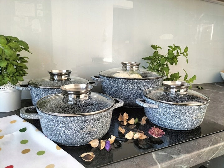 SET OF POTS INDUCTION / GAS SET OF MARBLED POTS 12 ELE Additional information dishwasher safe suitable for ceramic cooker suitable for electric cooker suitable for gas cooker suitable for induction cooker cover included
