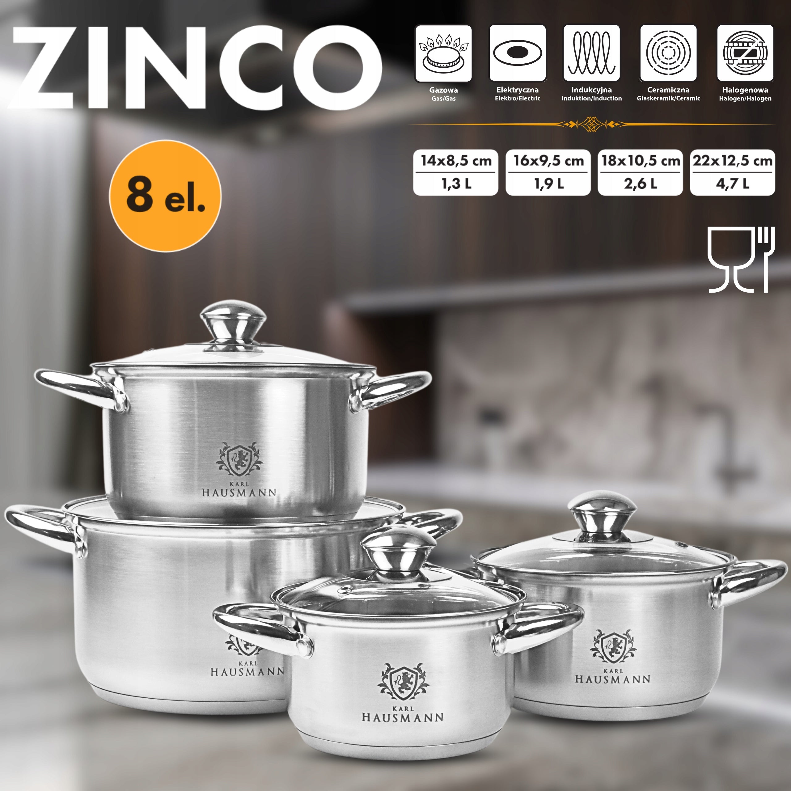 SET OF POTS INDUCTION GAS SET OF POTS ZINCO 8EL. STAINLESS STEEL 18/0 Number of items in the set 8