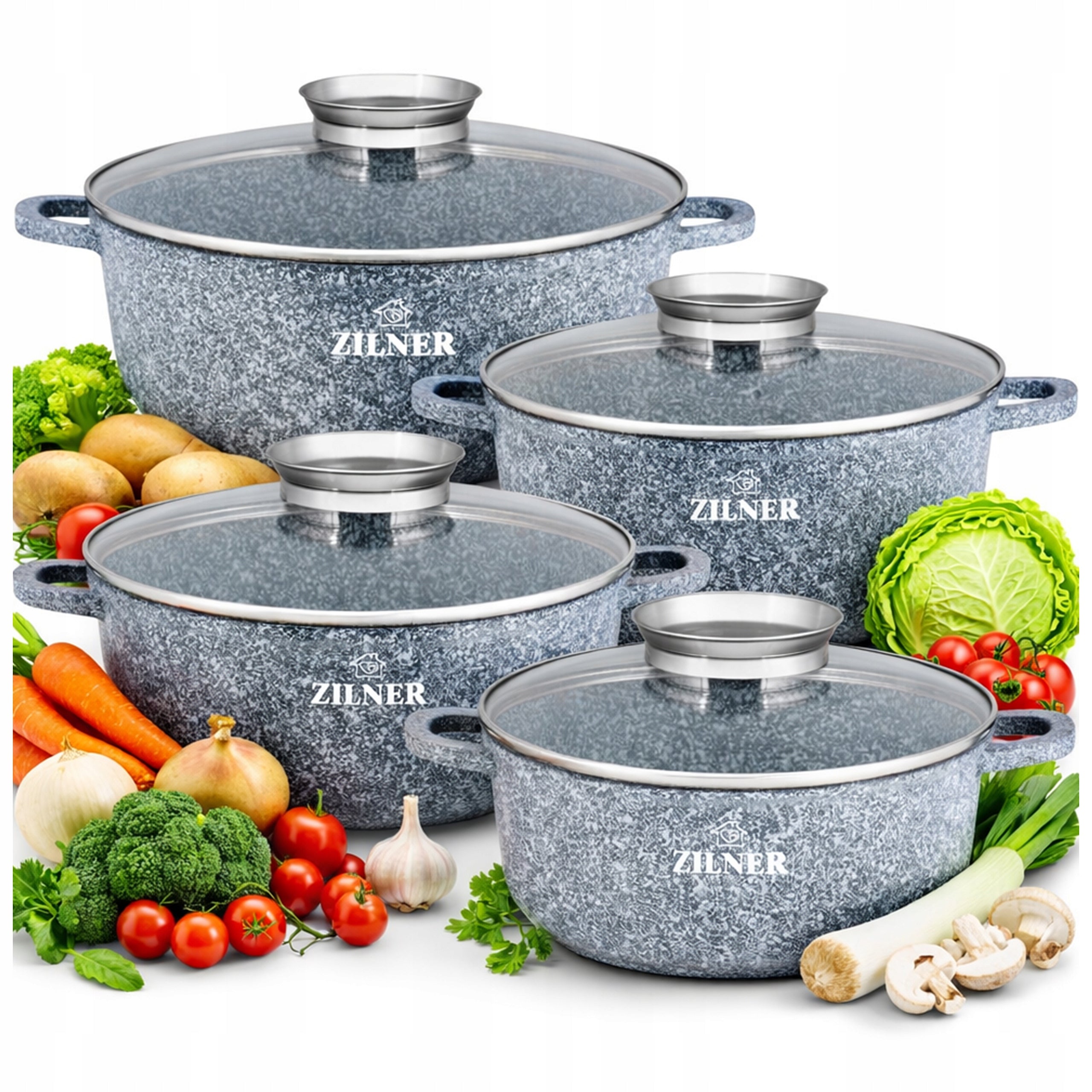 SET OF POTS INDUCTION MARBLED GAS SET 8 ELE Ø 16/20/22/26 cm