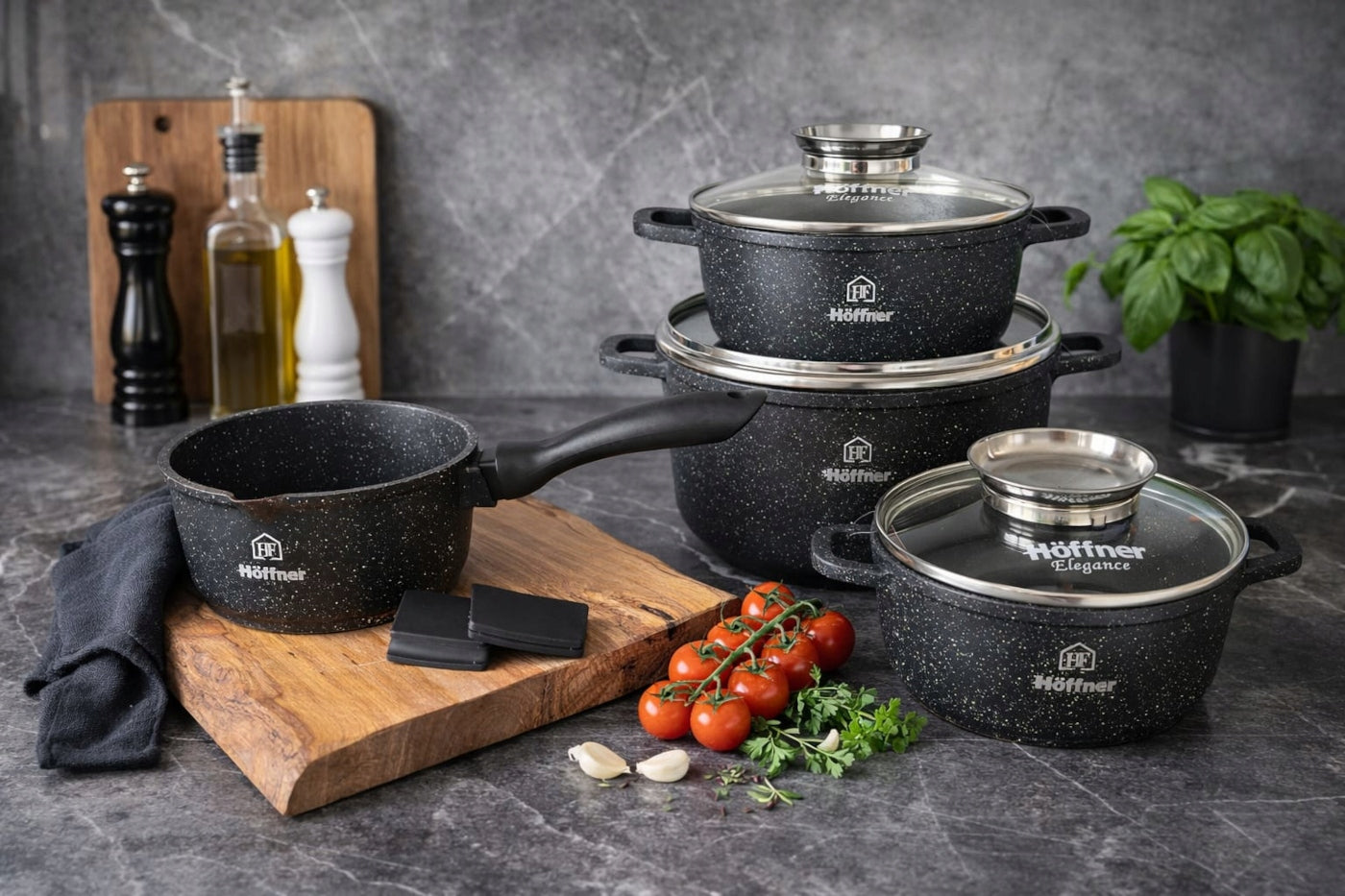 SET OF POTS INDUCTION SET GAS POTS MARBLE SAUCEPAN LIDS 9 EL Packaging status original