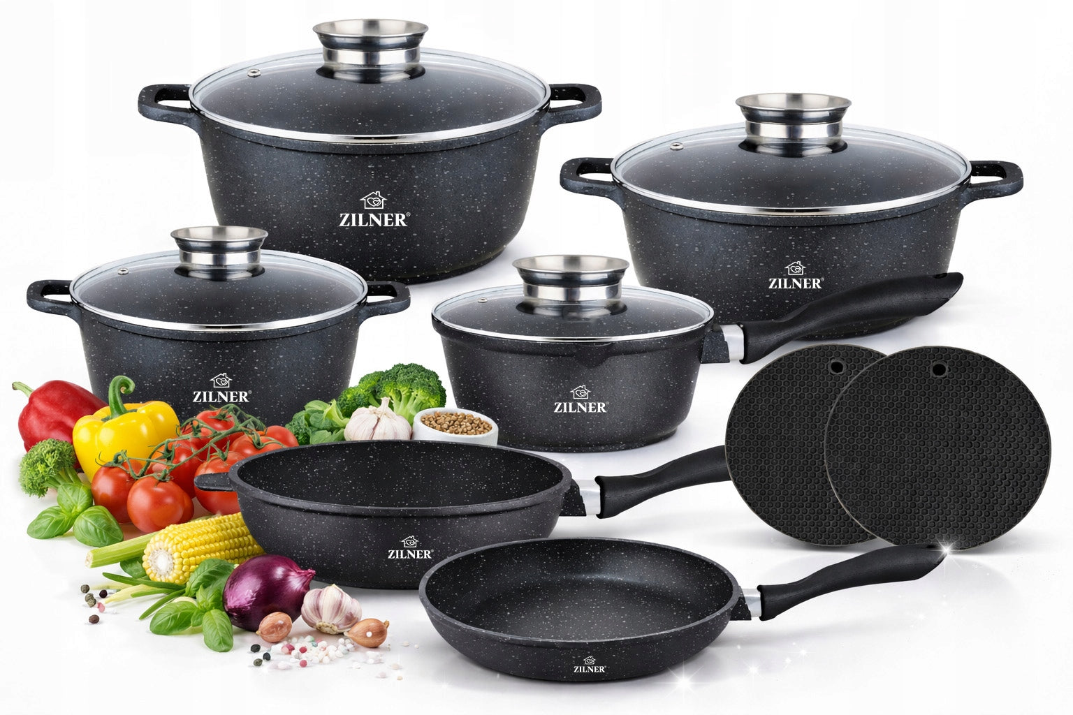 SET OF POTS INDUCTION SET OF POTS GAS PAN MARBLE LIDS 12EL Manufacturer code Zestaw Garnków Marmurowych Czarne ZL-28