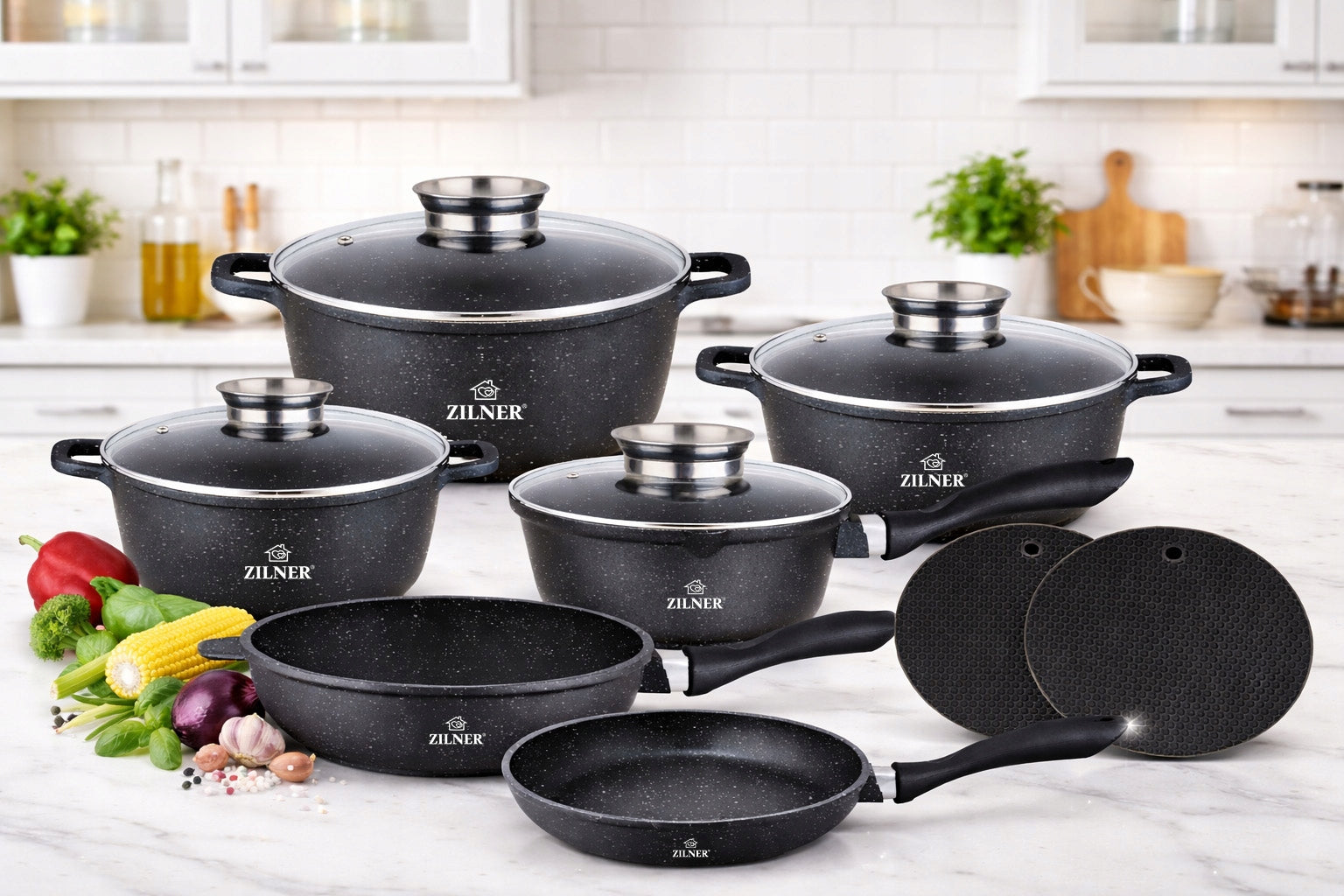 SET OF POTS INDUCTION SET OF POTS GAS PAN MARBLE LIDS 12EL Packaging status original