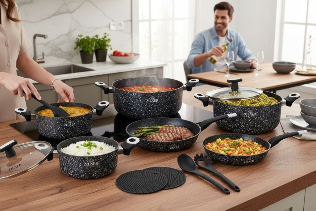 SET OF POTS INDUCTION SET OF POTS MARBLE GAS FRYING PAN + KNIVES 19EL. Brand Zilner