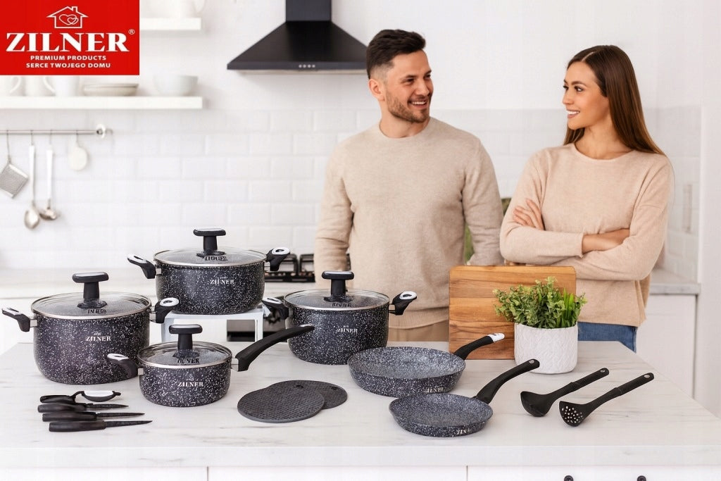 SET OF POTS INDUCTION SET OF POTS MARBLE GAS FRYING PAN + KNIVES 19EL. Number of items in the set 19